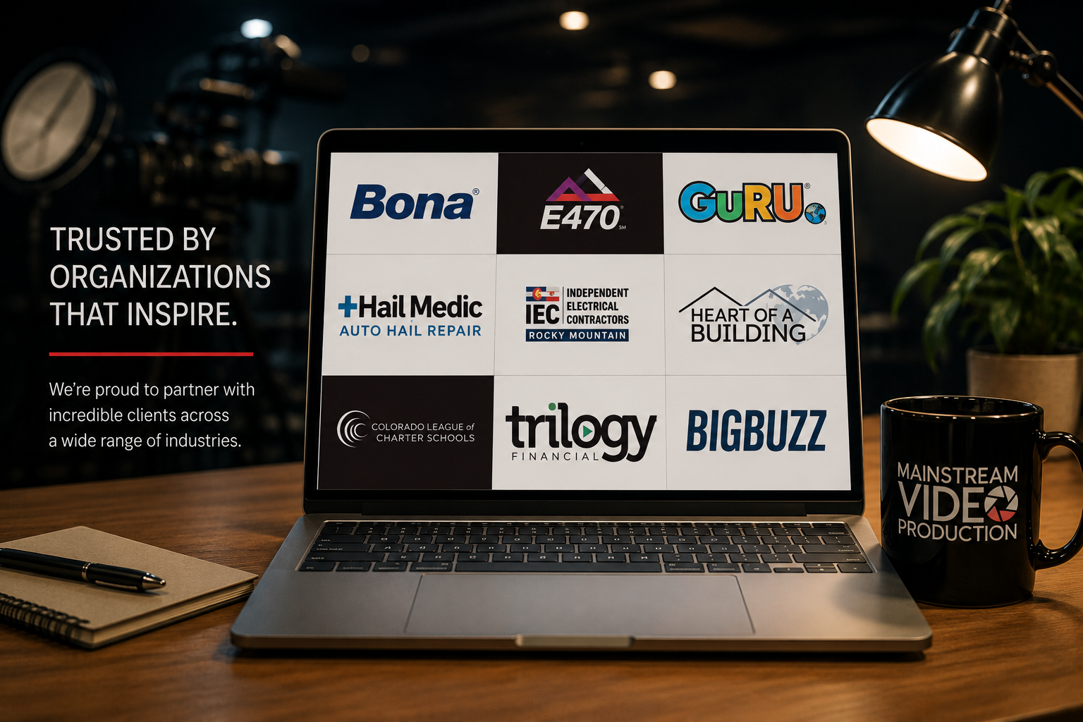 Trusted by organizations that inspire — client logos including Bona, E470, GuRU, Hail Medic, IEC Rocky Mountain, Heart of a Building, Colorado League of Charter Schools, Trilogy Financial, and BigBuzz